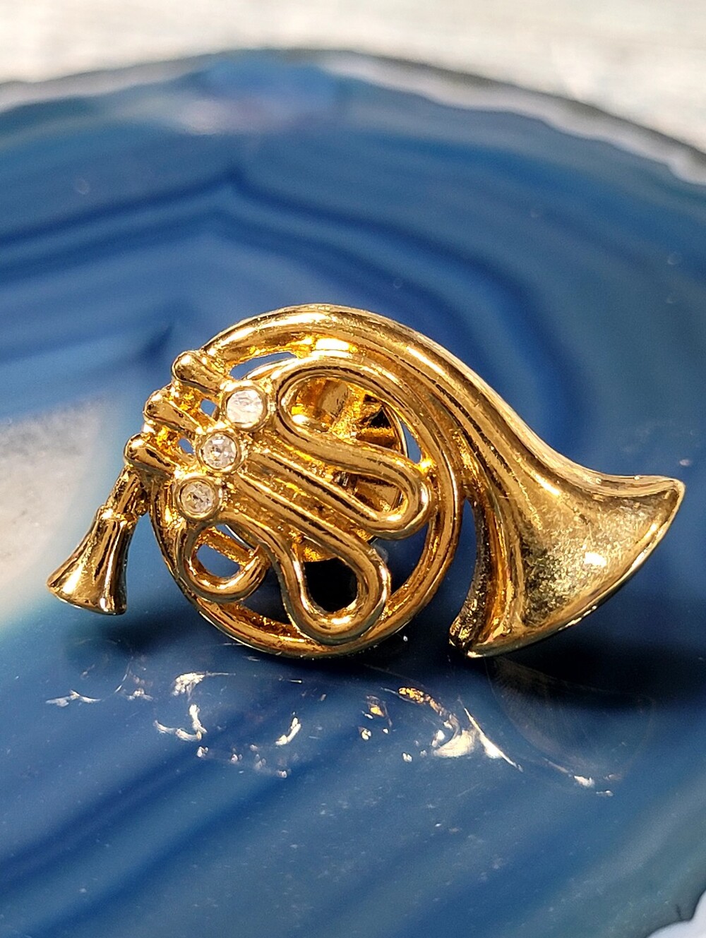 Gold French Horn Brooch Pin with Clear Crystals